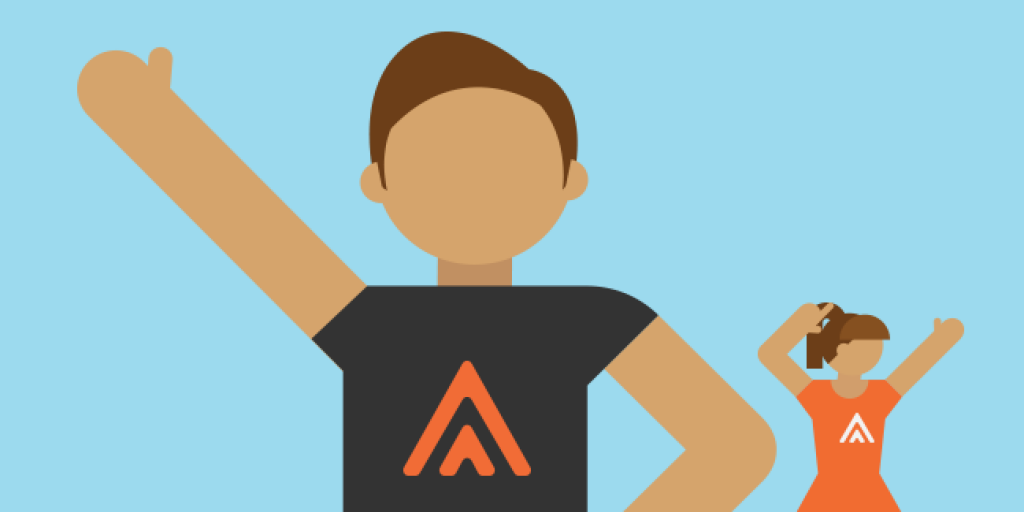 Illustration of two waving people in Rally Health T-shirts