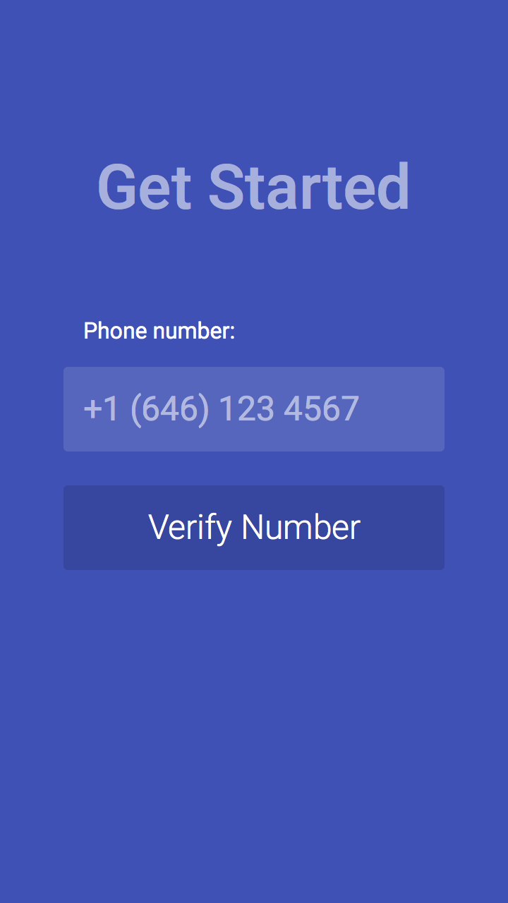 Get Started screen asking for a phone number, with a Verify Number button
