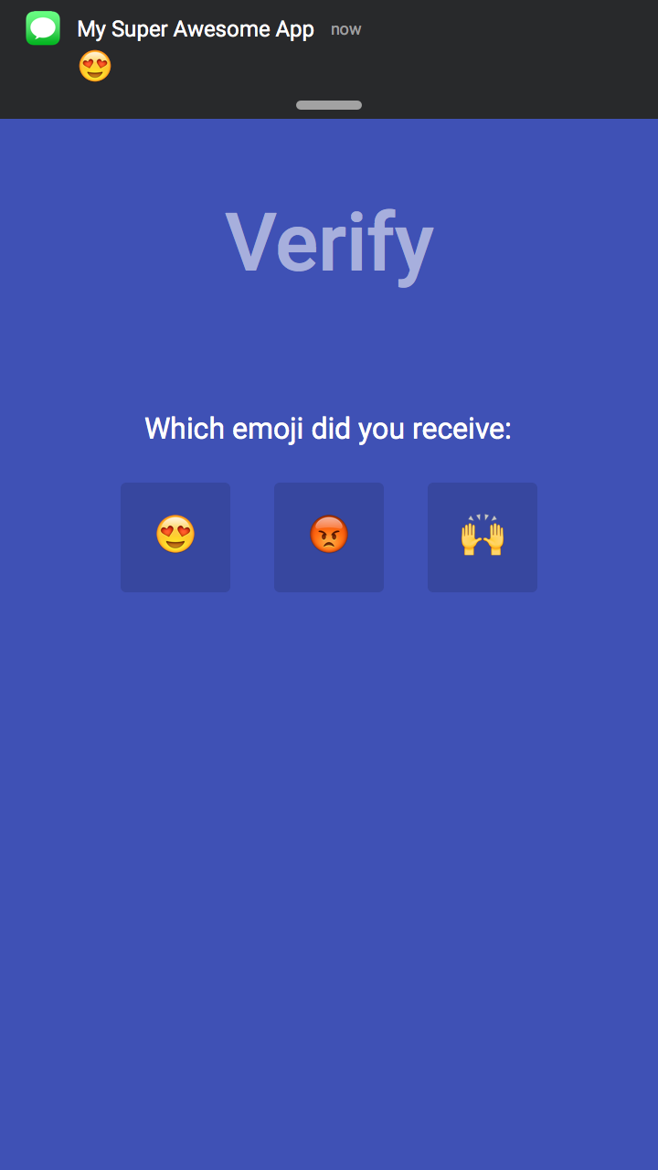 Verify screen: a text message shows a heart-eyes emoji, and the app asks which of three emoji you received